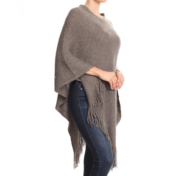 New Womens Cute Gray Sequin Fringed Shimmer Poncho - Picture 4 of 5